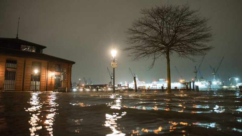 Der Fischmarkt mit der Fischauktionshalle steht erneut während des Hochwassers der Elbe unter Wasser.