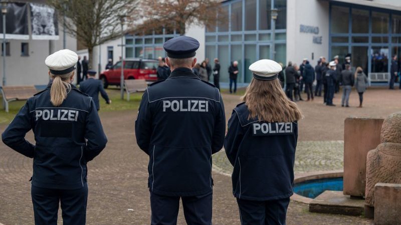 Trauernde Polizisten vor der Bruchwaldhalle in Freisen.