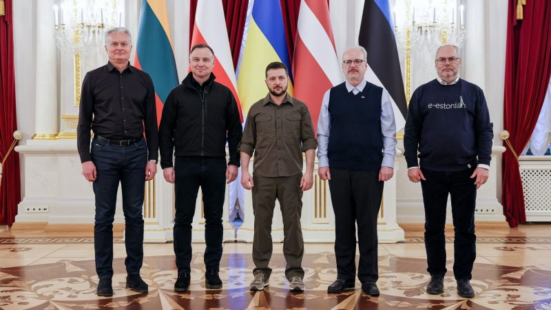 Gitanas Nauseda (l-r), Andrzej Duda, Wolodymyr Selenskyj, Egils Levits und Alar Karis posieren für ein Foto in Kiew.