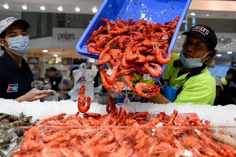 Ein Händler kippt auf dem Markt in Sydney, Australien, Garnelen auf eine Auslage.