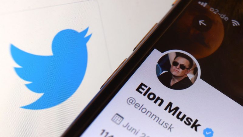 Der Twitter-Account von Elon Musk vor dem Logo der Nachrichten-Plattform Twitter. Twitter steuert auf die Übernahme durch den Tech-Milliardär zu.