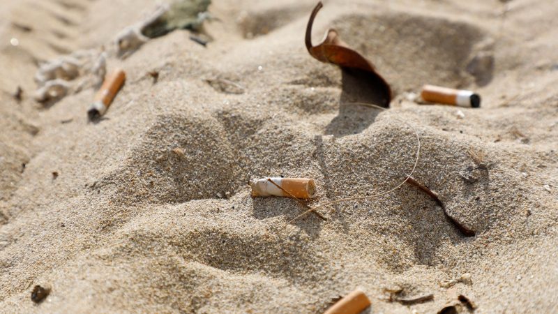 Zigarettenstummel verschmutzen den Strand von Arenal auf der spanischen Urlaubsinsel Mallorca.