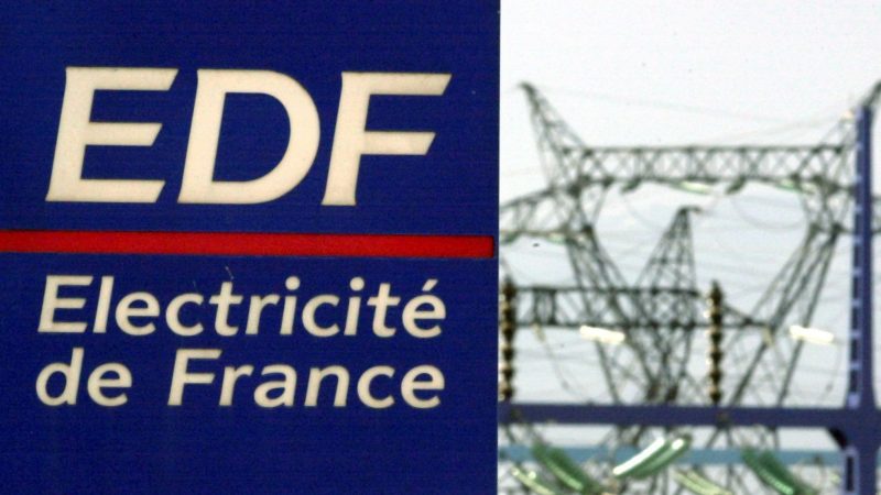 Ein Schild des französischen Stromkonzerns EdF (Electricite de France) vor dem Umspannwerk eines Wasserkraftwerkes der EdF bei Neuf-Brisach im Elsaß, aufgenommen am 07.02.2007.