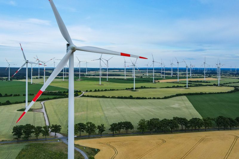 Windenergieanlagen im Windpark «Odervorland» im Landkreis Oder-Spree in Ostbrandenburg.