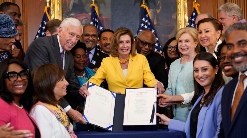 Nancy Pelosi, Sprecherin des US-Repräsentantenhauses, und ihre Demokratischen Parteikollegen feiern auf dem Capitol Hill.