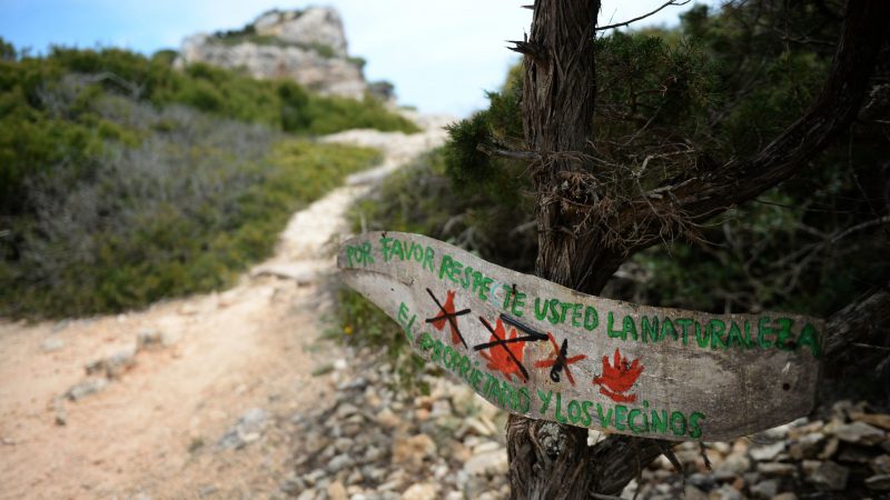 Ein Schild untersagt in das Entzünden von Feuer, Lagerfeuer und Holzeinschlag bei Santanyi auf Mallorca (Symbolbild).