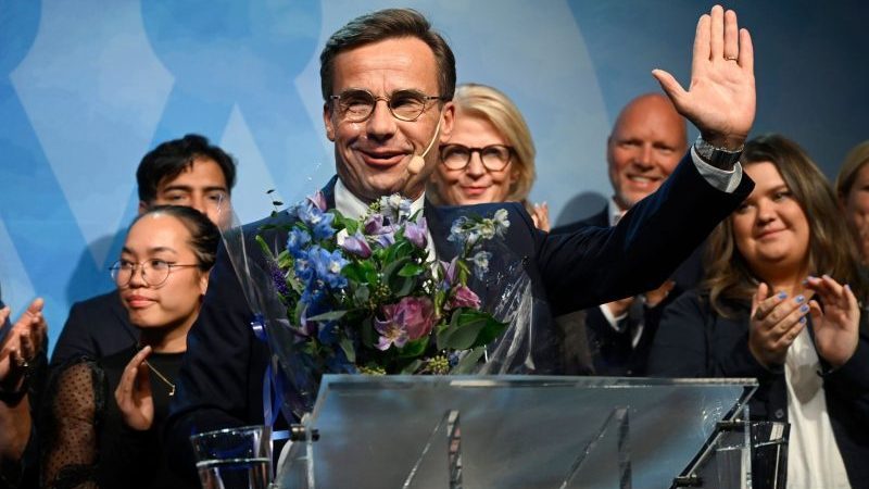 Der konservative Spitzenkandidat Ulf Kristersson bei einer Wahlparty in Stockholm, Schweden.