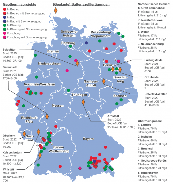 Karte mit deutschen Geothermiestandorte und dem Vorkommen von Lithium