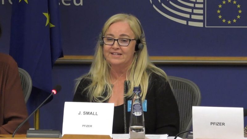 Janine Small, Direktorin von Pfizer, steht dem Europaparlament Rede und Antwort