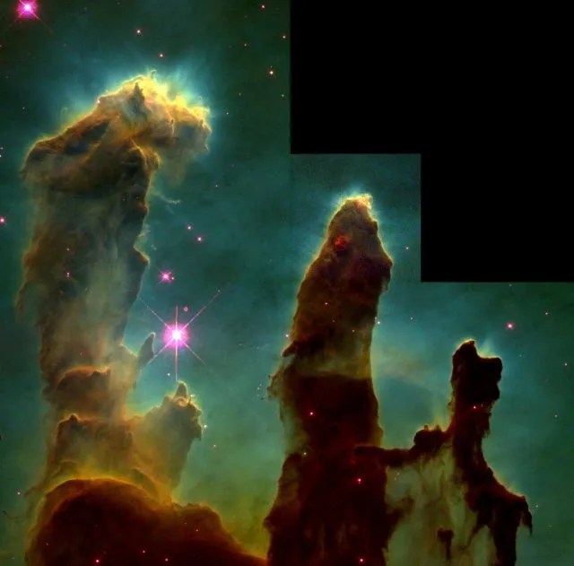 Hubble-Aufnahmen von 1995 vom Adlernebel im Sternbild Schlange.