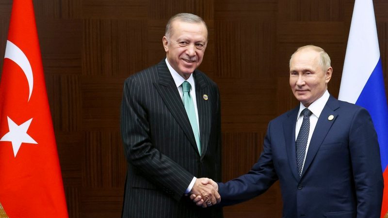 Wladimir Putin (r.), Präsident von Russland, und der türkische Präsident Recep Tayyip Erdogan zu Beginn eines bilateralen Treffens am Rande des Gipfels der Konferenz über Interaktion und vertrauensbildende Maßnahmen in Asien (CICA).