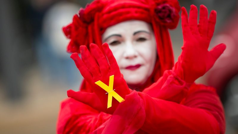 Eine Aktivistin von Extinction Rebellion zeigt ein gelbes Kreuz während einer Performance vor Beginn des Bundesparteitags der Grünen im World Conference Center.