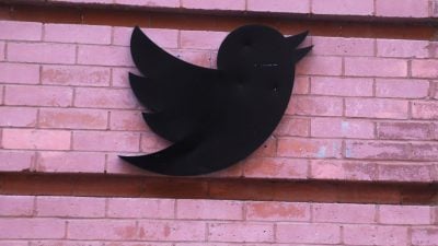 Twitter Vogel in schwarz vor einer Ziegelsteinmauer