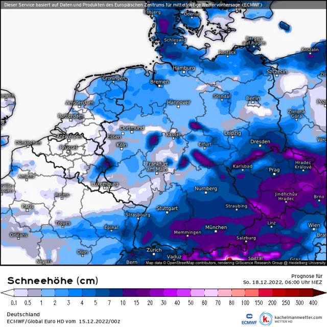 Vorhergesagte Schneehöhen am Morgen des 4. Advents in Deutschland.