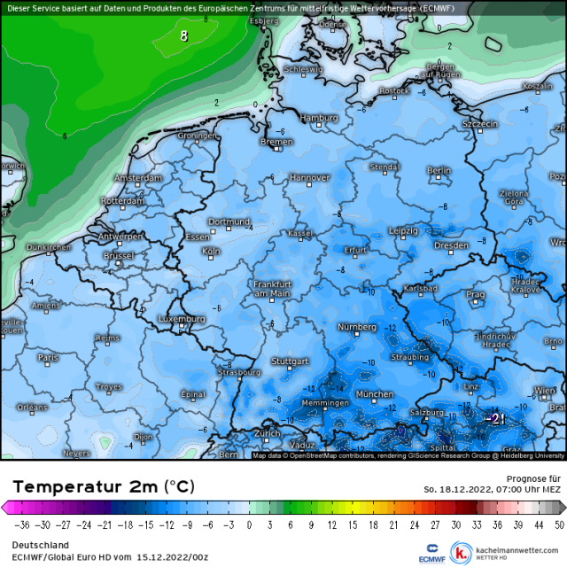 Temperaturvorhersage für den Morgen des 4. Advents in Deutschland.