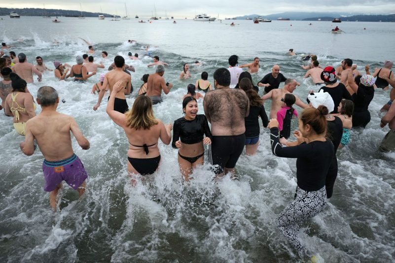 Teilnehmer stürzen sich beim Eisbärenschwimmen in Vancouver, Kanada, ins kalte Wasser.