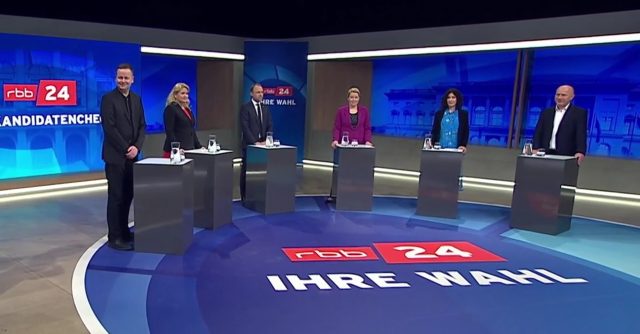 Die Kandidaten zur Senatswahl in Berlin 2023 (v.l.): Klaus Lederer (Linke), Kristin Brinker (AfD), Sebastian Czaja (FDP), Franziska Giffey (SPD), Bettina Jarasch (Grüne), Kai Wegner (CDU). Foto: Screenhot/rbb24