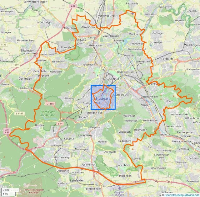 In Stuttgart müsste knapp die doppelte Fläche der Stadtmitte für Windkraft herhalten – oder fast das gesamte Naturschutzgebiet im Westen der Stadt.