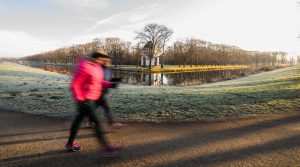 Zwei Frauen laufen eine Nordic-Walking-Runde  in den Herrenhäuser Gärten in Hannover. Menschen in der EU bewegen sich laut OECD nicht genügend.