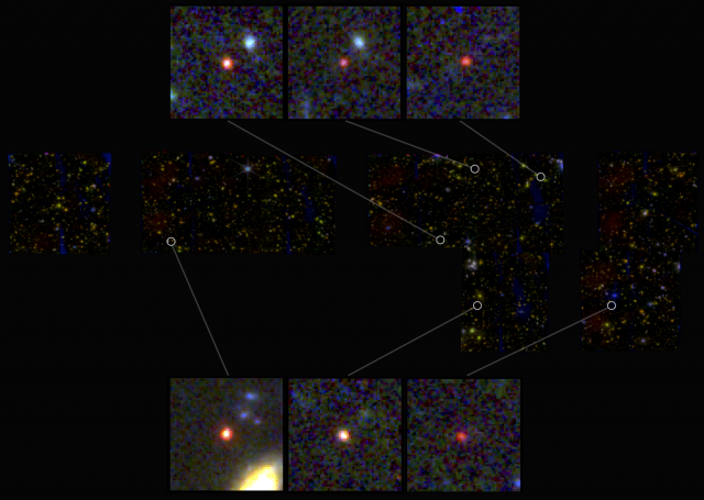 Das Mosaik aus Bildern des James-Webb-Teleskops enthält die sechs neuentdeckten Galaxien.