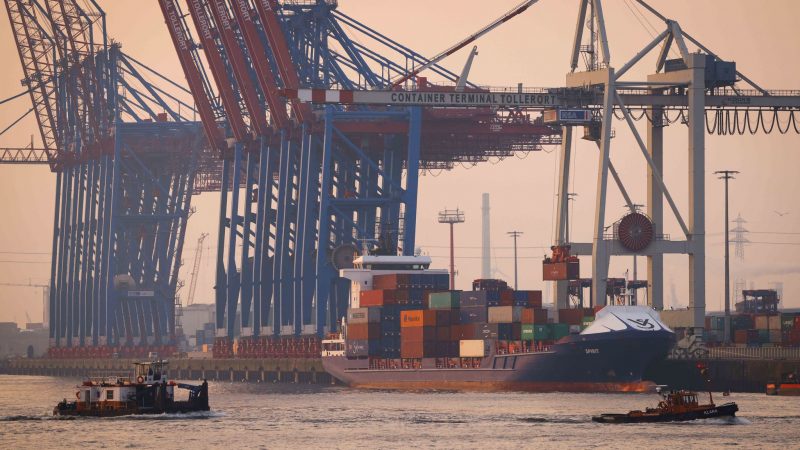 Ein Containerschiff liegt am Terminal Tollerort der Hamburger Hafen und Logistik AG (HHLA).