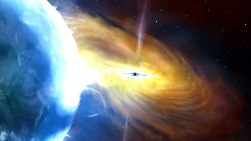 Die von der Universität von Southampton herausgegebene Illustration zeigt eine künstlerische Darstellung der gravitationsbedingten Massenzunahme durch Aufsammeln von Materie eines Schwarzen Lochs.