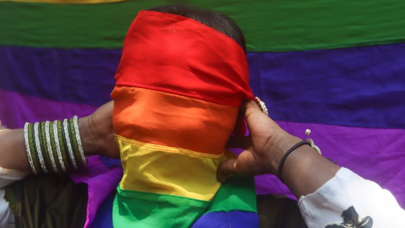 Farbe bekennen: Anlässlich des Pride-Monats blickt eine LGBTQ-Unterstützerin in Indien durch eine Regenbogenfahne.