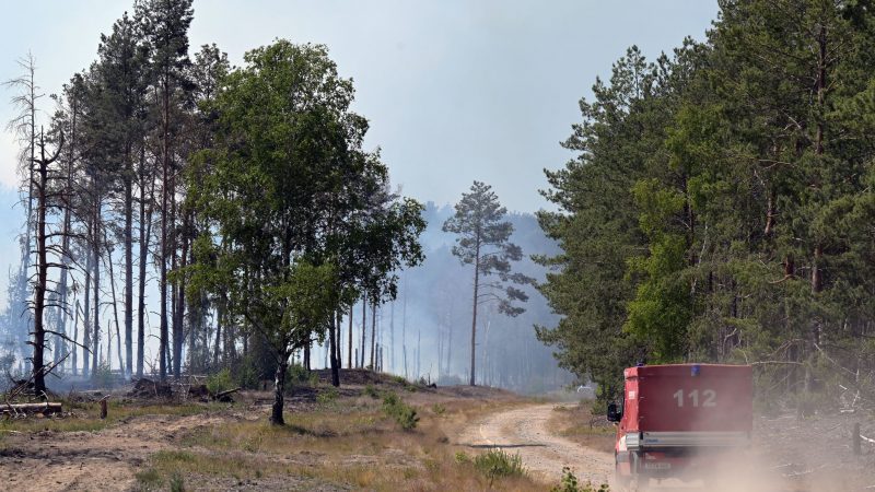 Ein Feuerwehrfahrzeug auf dem Weg zum Einsatz gegen die Flammen in einem Wald bei Jüterbog.