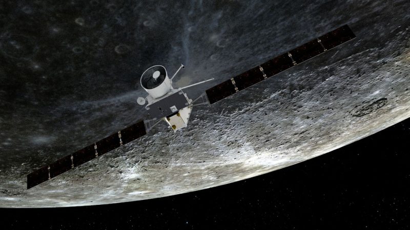 Eine künstlerische Darstellung des Vorbeiflugs von «BepiColombo» am Merkur.