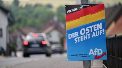 Ein Wahlplakat der AfD hängt an der Bundesstraße 89 im Landkreis Sonneberg.
