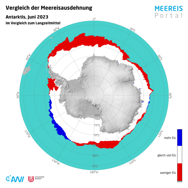 Im Vergleich zum Mittel der Jahre 2003 bis 2014 ist die Antarktis in Richtung Atlantik geschrumpft und in Richtung Pazifik teilweise gewachsen.