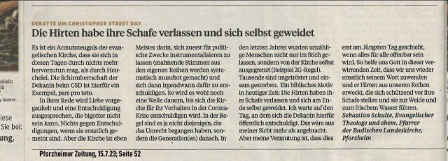 Leserbrief von Ex-Pfarrer Sebastian Schulte in der Pforzheimer Zeitung vom 15. Juli 2023
