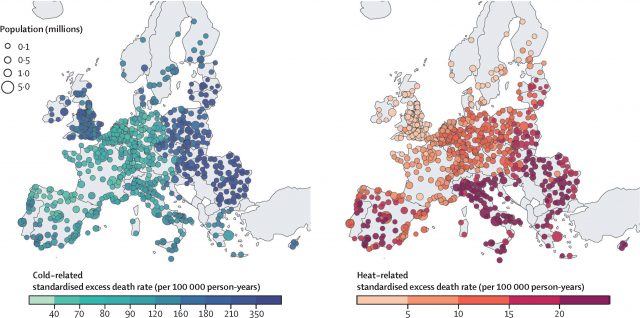 Übersterblichkeit durch Hitze (links) und Kälte (rechts) in 850 europäischen Städten.