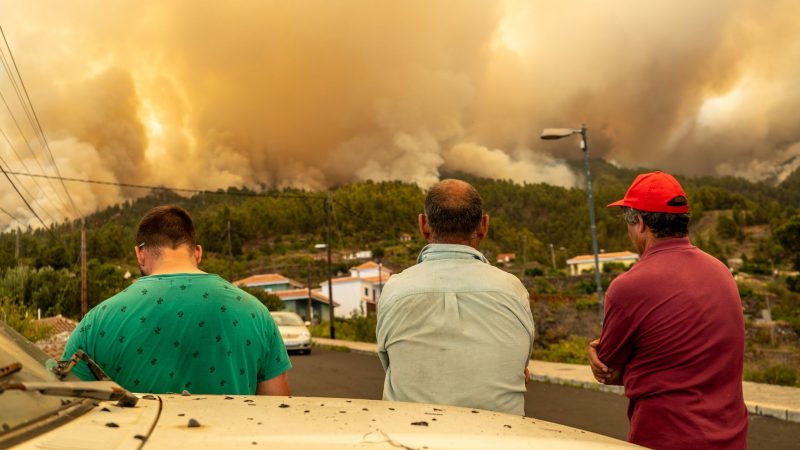Drei Männer beobachten den Waldbrand auf der Kanareninsel.