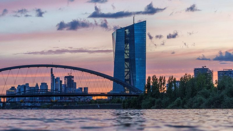 Die Europäische Zentralbank (EZB) und die Skyline der Mainmetropole liegen in der Abendsonne.