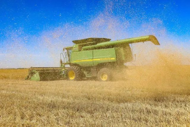 Ein Mähdrescher erntet Getreide auf einem Feld in der Region Odessa. Polen