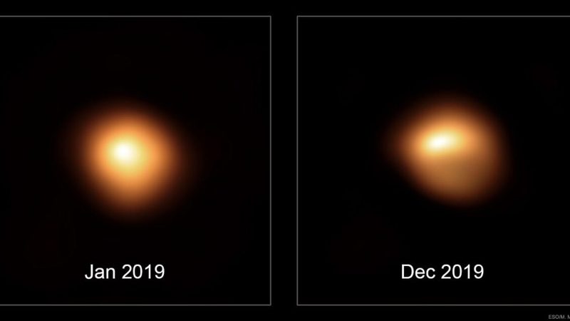Die beiden Bilder, die mit dem Very Large Telescope der Europäischen Südsternwarte aufgenommen wurden, zeigen, wie die Oberfläche des Sterns Anfang und Ende 2019 aussah.