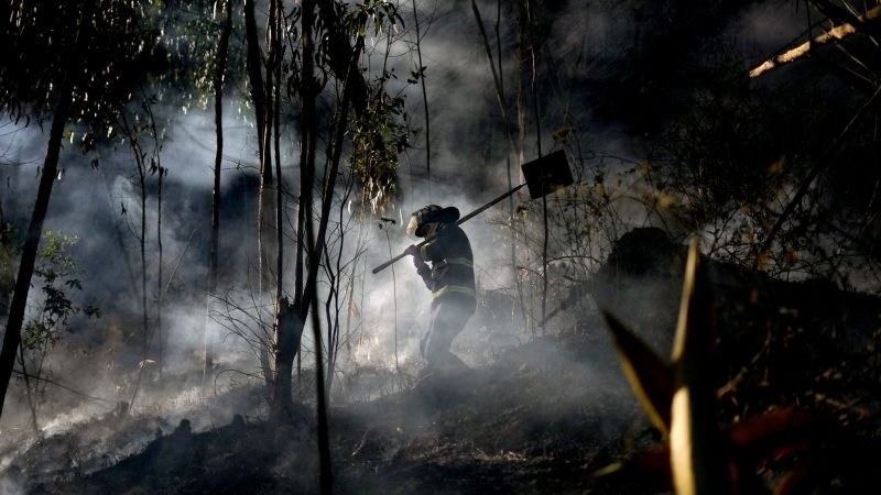 Ein Feuerwehrmann geht durch den Rauch eines Bergfeuers bei Bogota. Nach Angaben der Feuerwehr wurden bisher um die 60 Hektar Ackerland in Kolumbien zerstört.