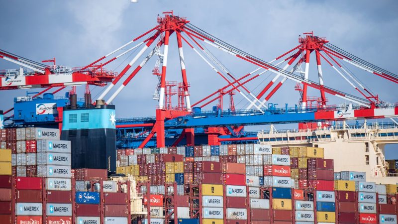 Containerschiffe liegen am Wilhelmshavener Tiefwasserhafen Jade-Weser-Port. Gesunkene Importe und Exporte haben im Juni die Handelsbilanz beeinflusst.