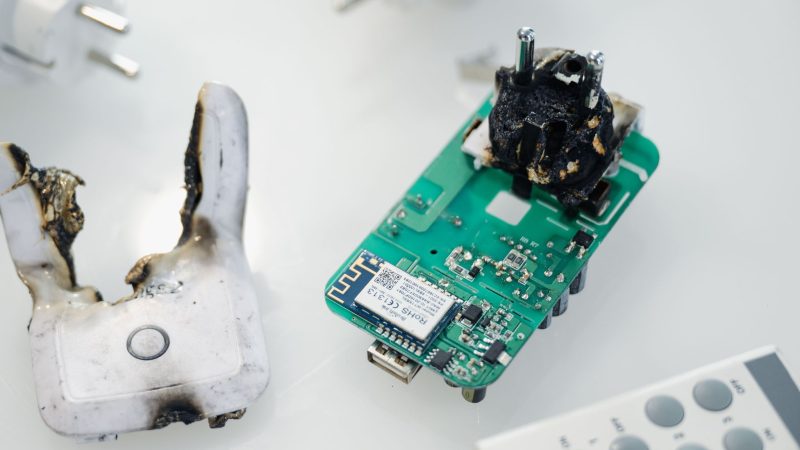 Eine verbrannte Funksteckdose - die Bundesnetzagentur hat den Verkauf der Geräte untersagt, weil eine thermische Schutzfunktion fehlt und es zum Brand der Geräte kommen kann.