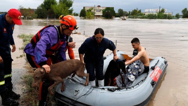 Feuerwehrleute mit einem Schlauchboot evakuieren Menschen und ihre Hunde aus überfluteten Gebäuden.