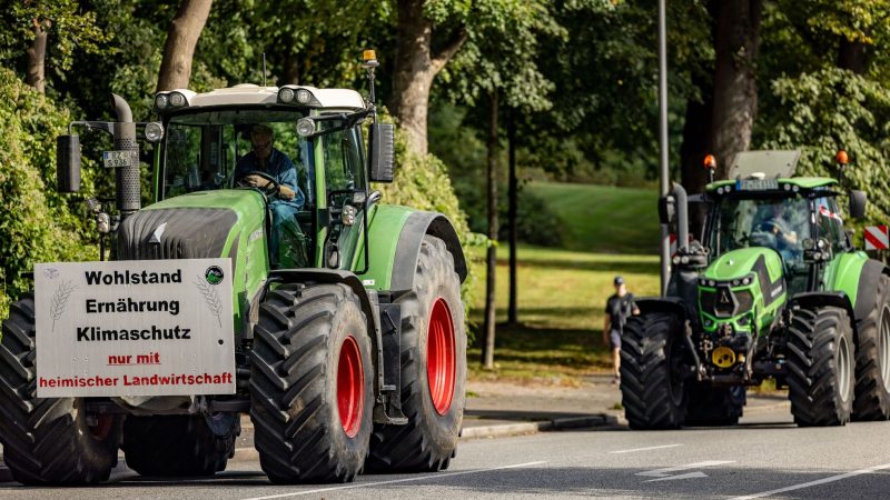 Ein Traktor mit einem Plakat mit der Aufschrift «Wohlstand Ernährung Klimaschutz nur mit heimischer Landwirtschaft» fährt zum Auftakt der Agrarministerkonferenz durch die Kieler Innenstadt.