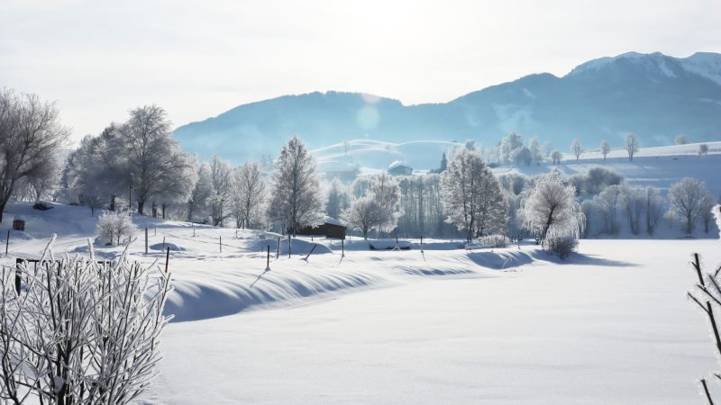 Blick über die idyllische Winterlandschaft rund um den Ritzensee im österreichischen Saalfelden.