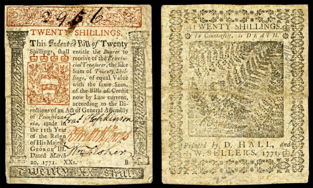 20-Schilling-Geldscheine von 1771