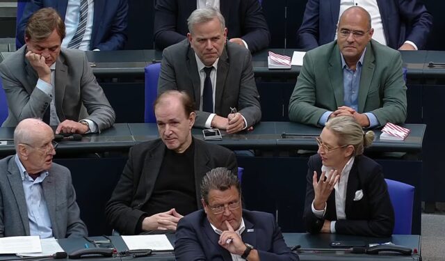 Abgeordnete der AfD-Fraktion im Bundestag bei der Abstimmung zum Stiftungsfinanzierungsgesetz (10.11.2023)