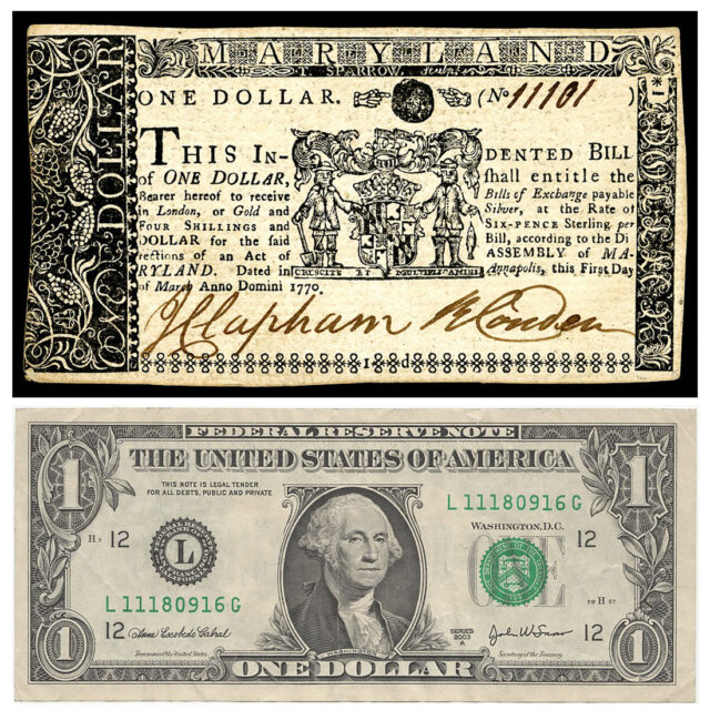 Zwei Geldscheine im Vergleich: Ein-Dollar von 1770 und Ein-Dollar von heute