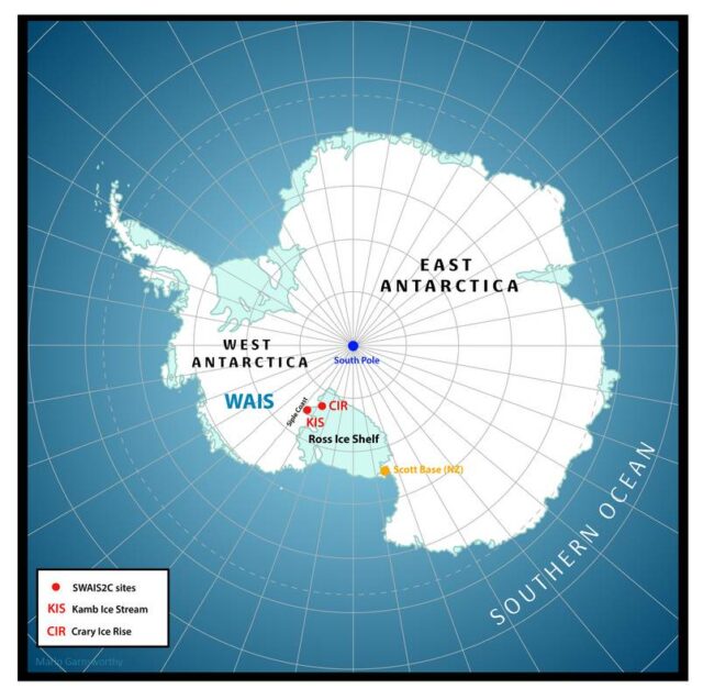 Karte der SWAIS 2C-Aktivitäten in der Antarktis. Foto: Marlo Garnsworthy, SWAIS 2C