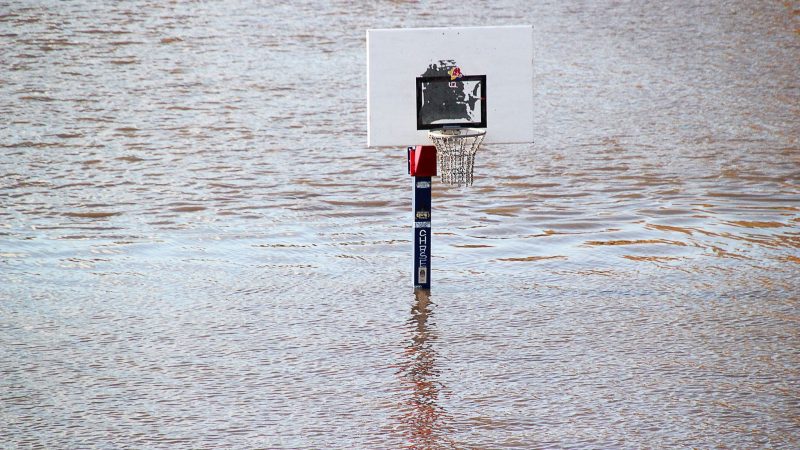 Ein Basketballkorb steht in Mannheim im Hochwasser des Neckars. Wegen des vielen Regens in den vergangenen Tagen sind die Pegelstände in Baden-Württembergs teils stark angestiegen.
