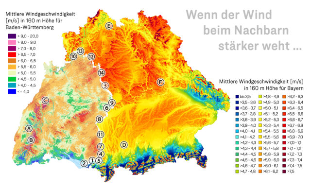 Standorte bestehender (Buchstaben) und potenzieller (Zahlen) Windkraftanlagen in Baden-Württemberg und Bayern.