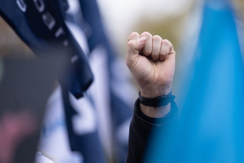 Geballte Faust auf einer Protestaktion im Tarifstreit des öffentlichen Dienstes in Stuttgart.